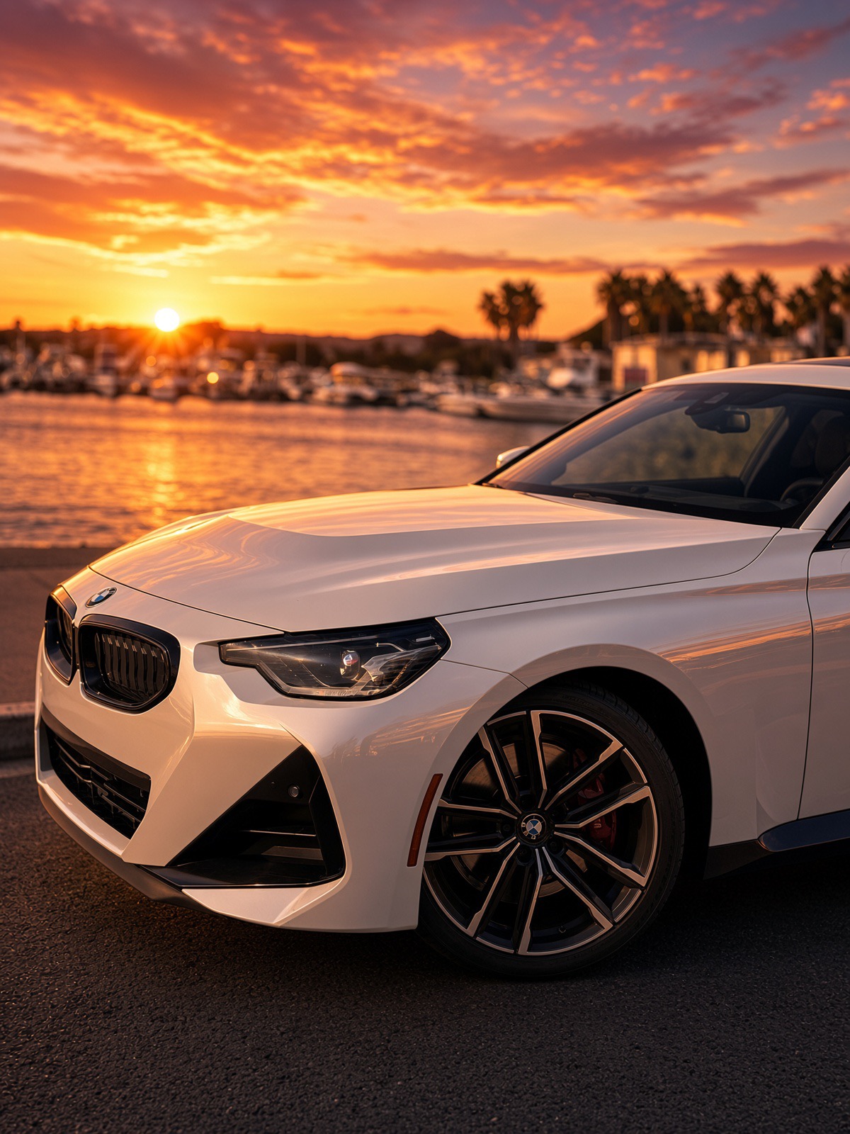 2024 BMW 230i M Package — Front corner at sunset