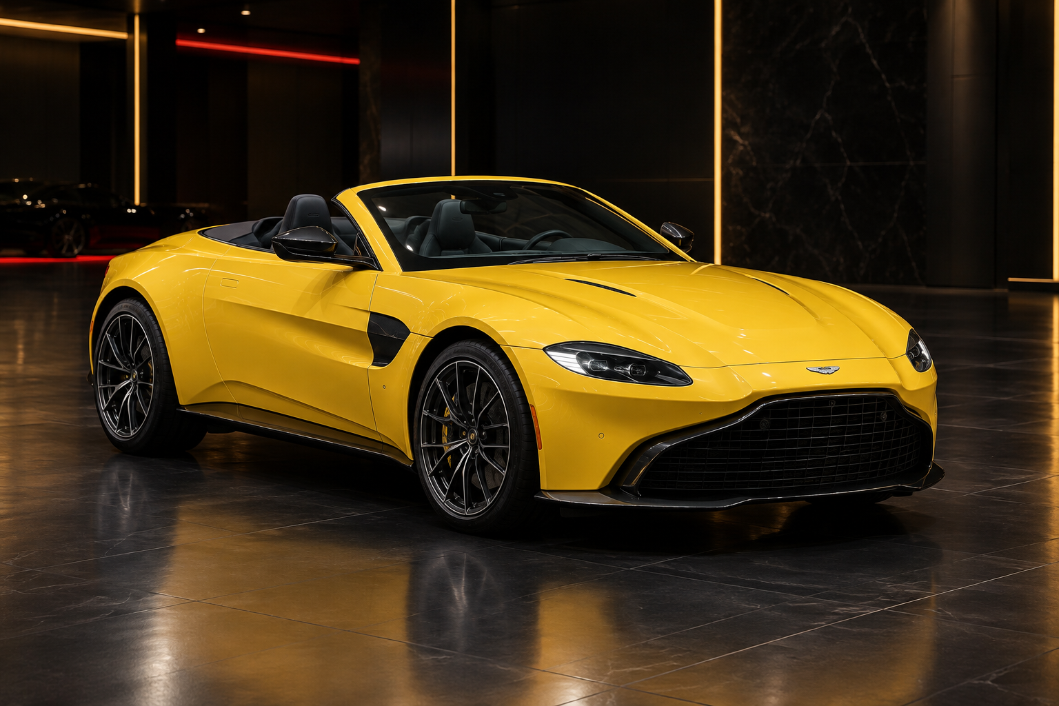 Yellow Aston Martin Vantage Convertible available from ACE Luxury Exotics